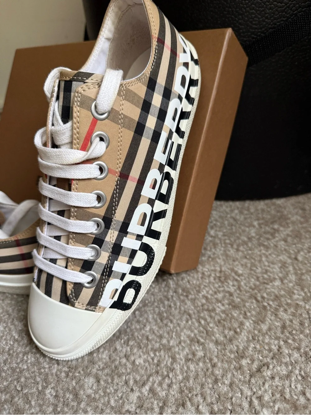 Burberry Beige Check Low-Top Sneakers with White Laces and Black Logo